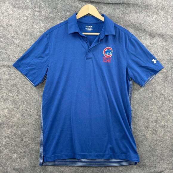 Chicago Cubs Polo Shirt Mens M Blue Striped Logo MLB Under Armour Heat Gear Golf - Picture 1 of 8